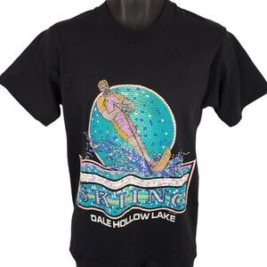 Vintage Water Skiing T Shirt Mens Size Small Black 80s 90s Dale Hollow USA